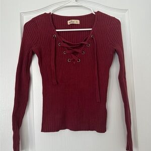 Hollister Maroon Lace-Up Ribbed Sweater